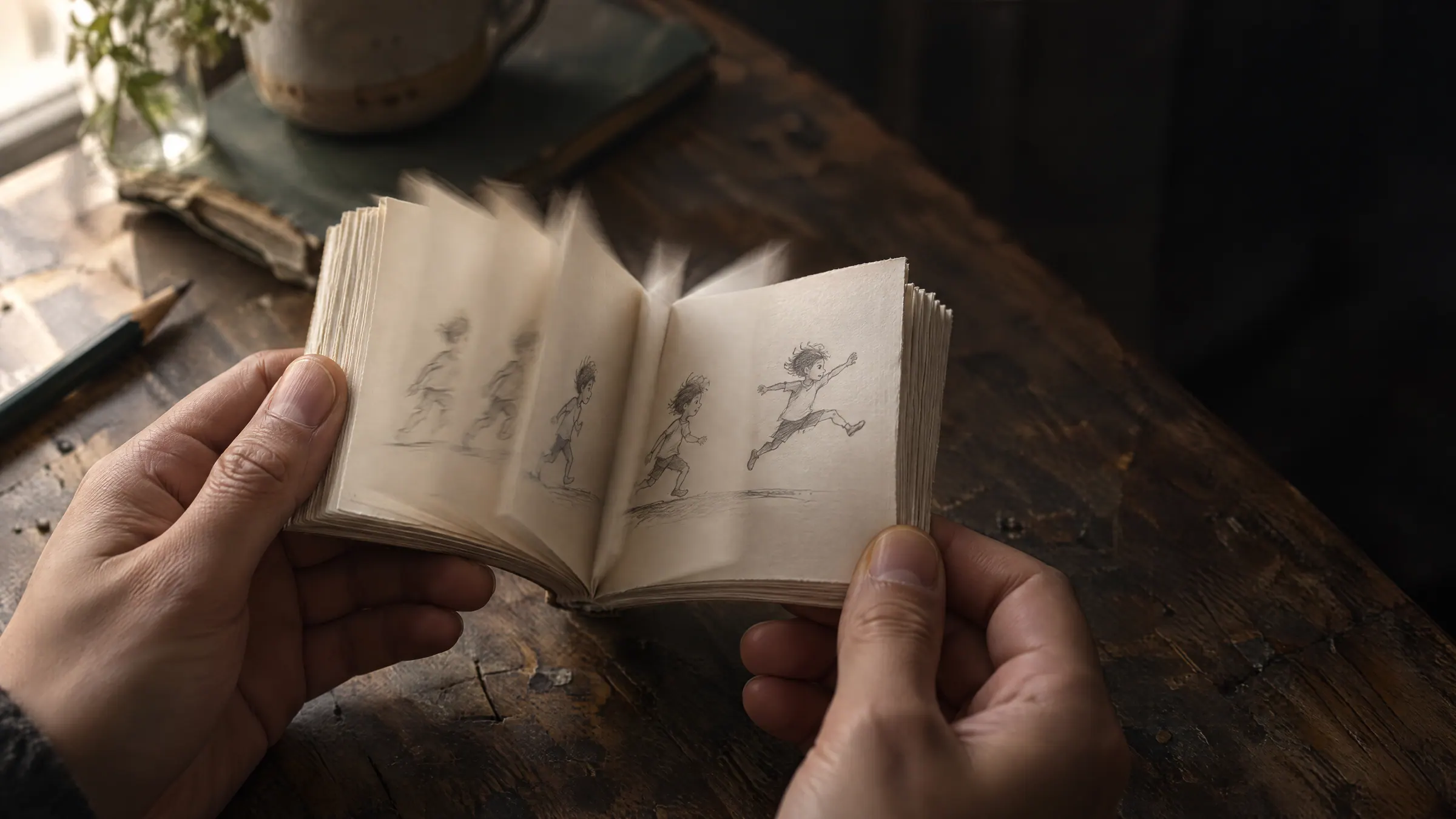 Two hands riffling a small paper flip book with a pencil figure leaping across the pages