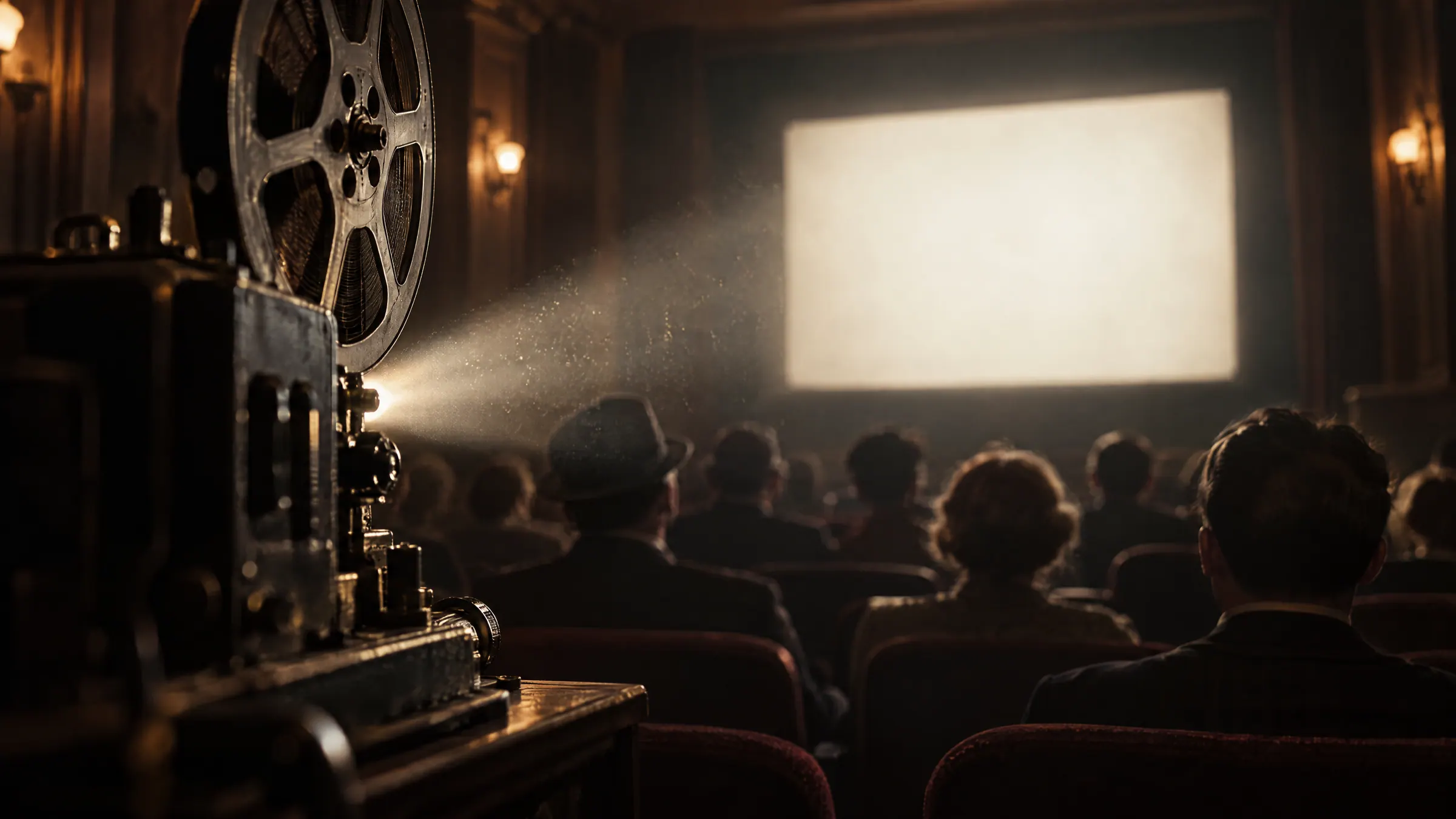The beam of an old film projector crossing a dark hall to the screen