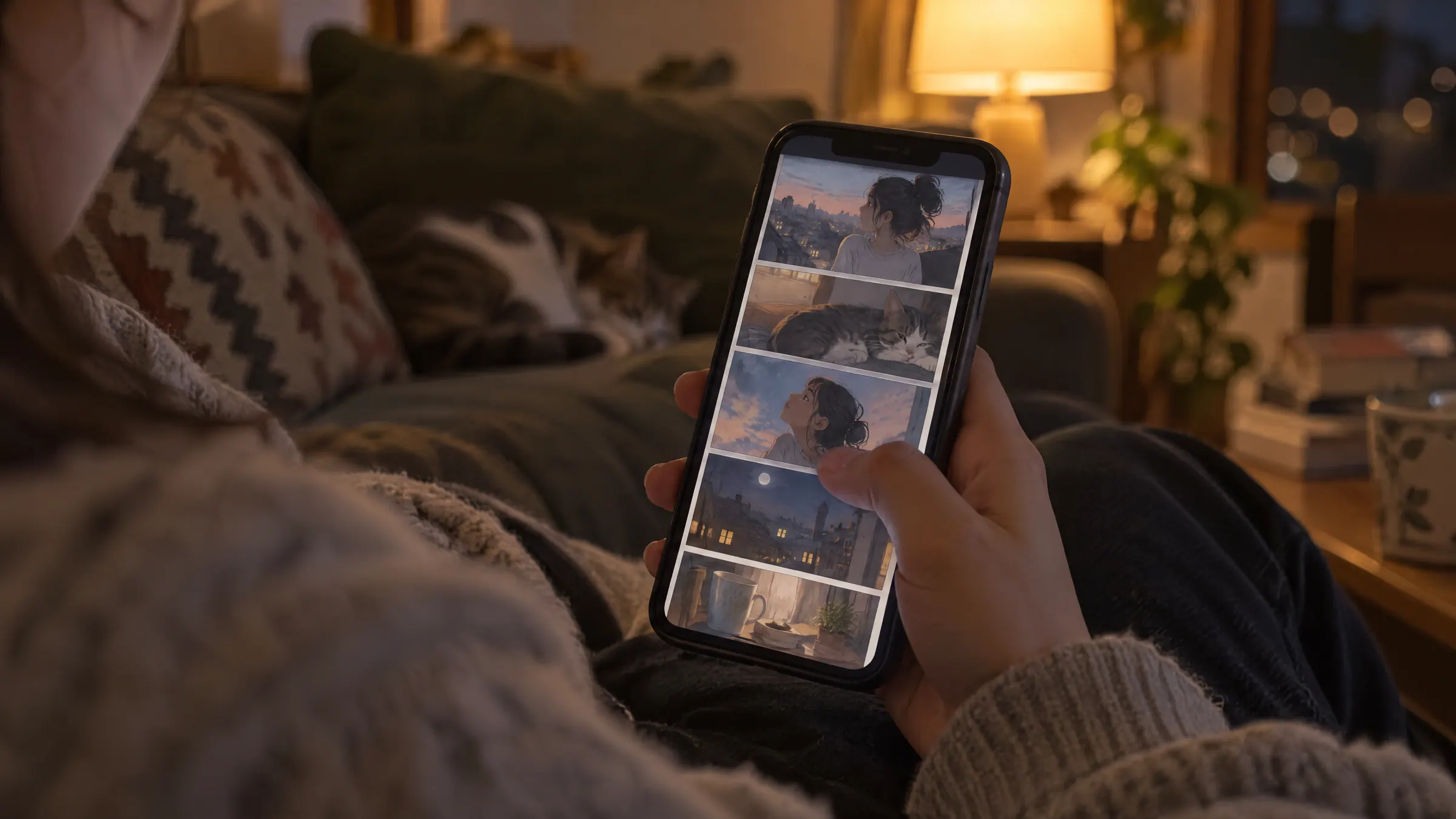 A hand scrolling a vertical comic on a phone at night