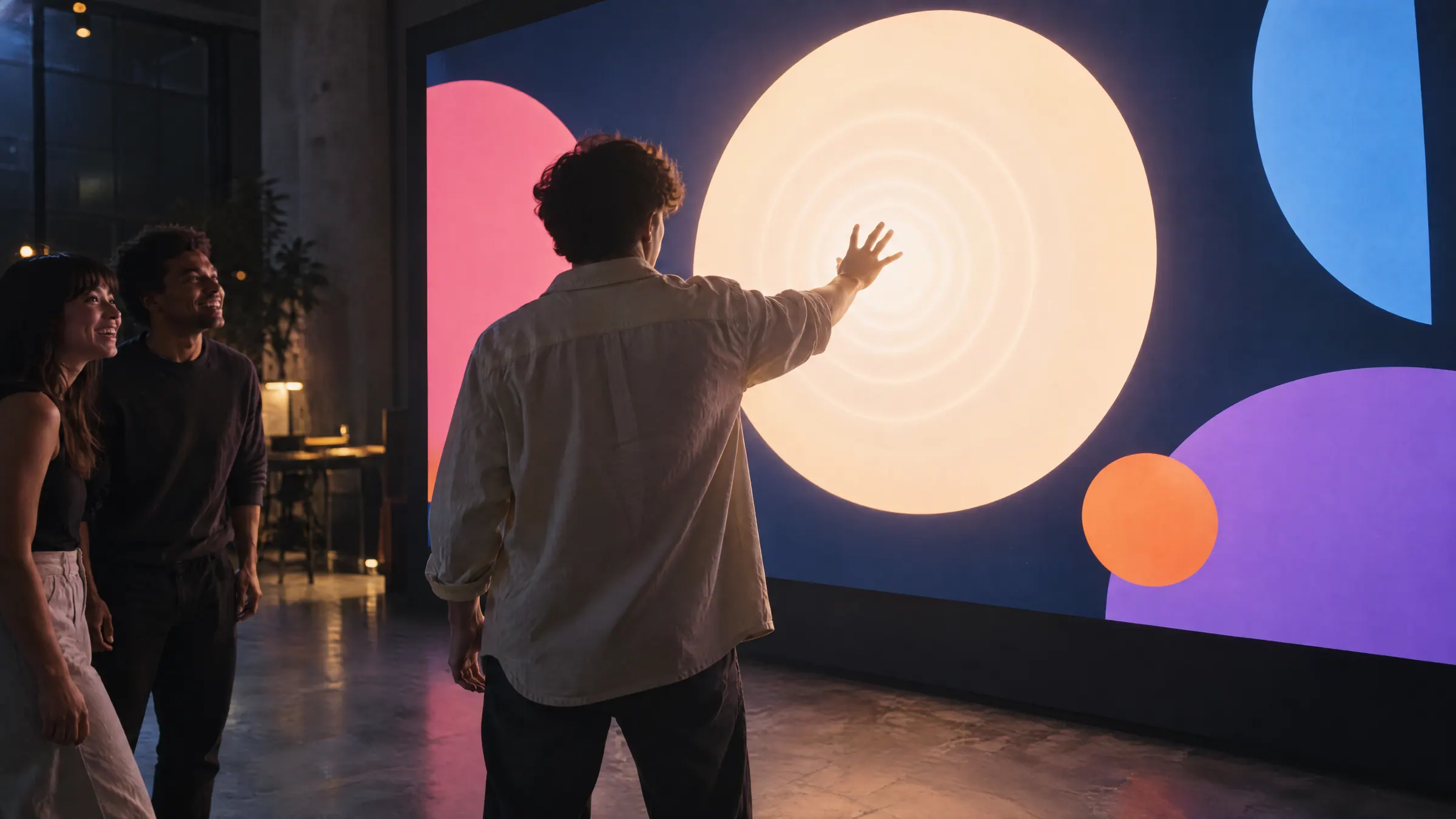 Someone reaches toward a large screen and its light spreads out as if answering the gesture