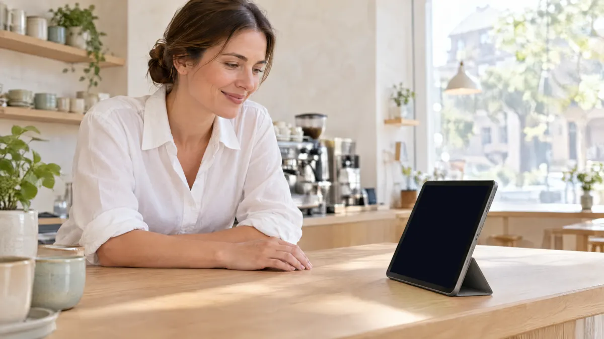 A small café in the morning sun. The owner leans on the counter, looking down at the new drink poster on a tablet.