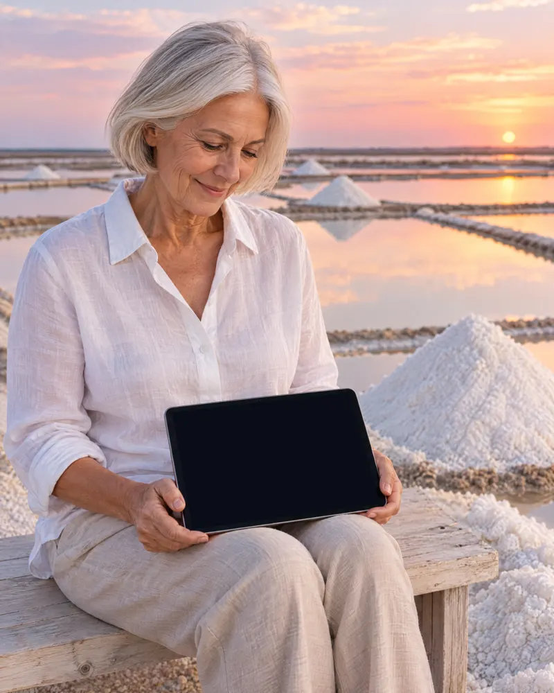 A salt pan at sunset. Its owner, past seventy, sits on a bench beside the salt heaps, looking at the brand story on a tablet.
