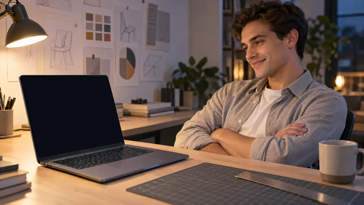 A studio at night. A design student leans back, arms crossed, smiling at the motion title on the laptop.