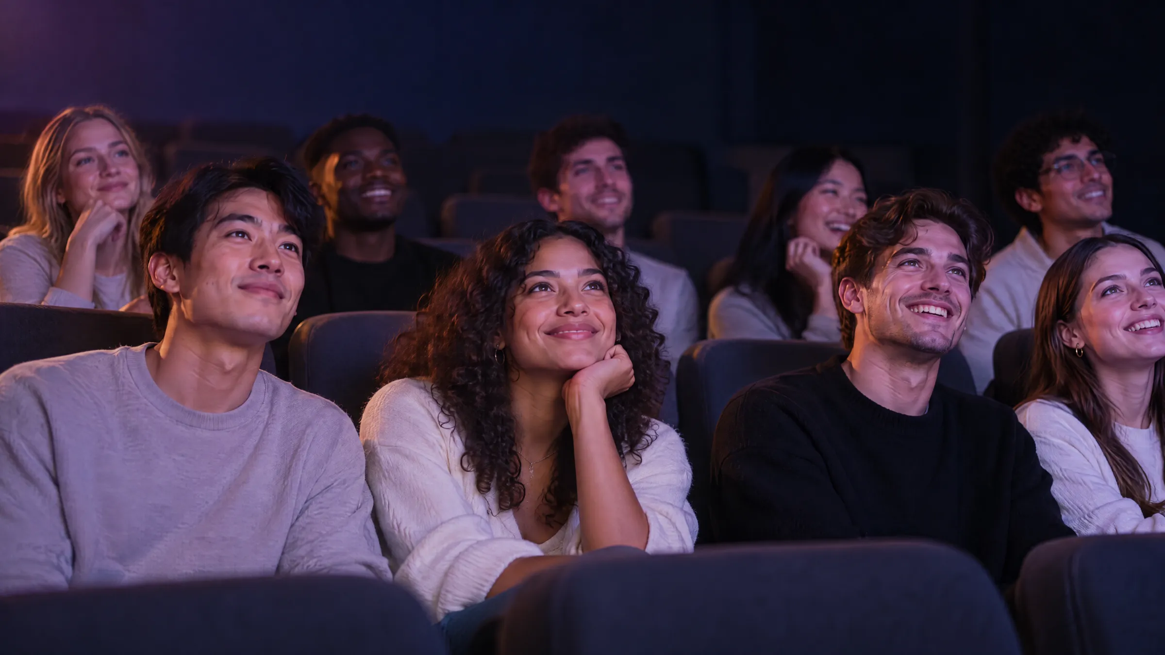 Young people in a dark auditorium, lit by the screen they are watching: some absorbed, some laughing with a neighbor, one smiling with chin in hand.