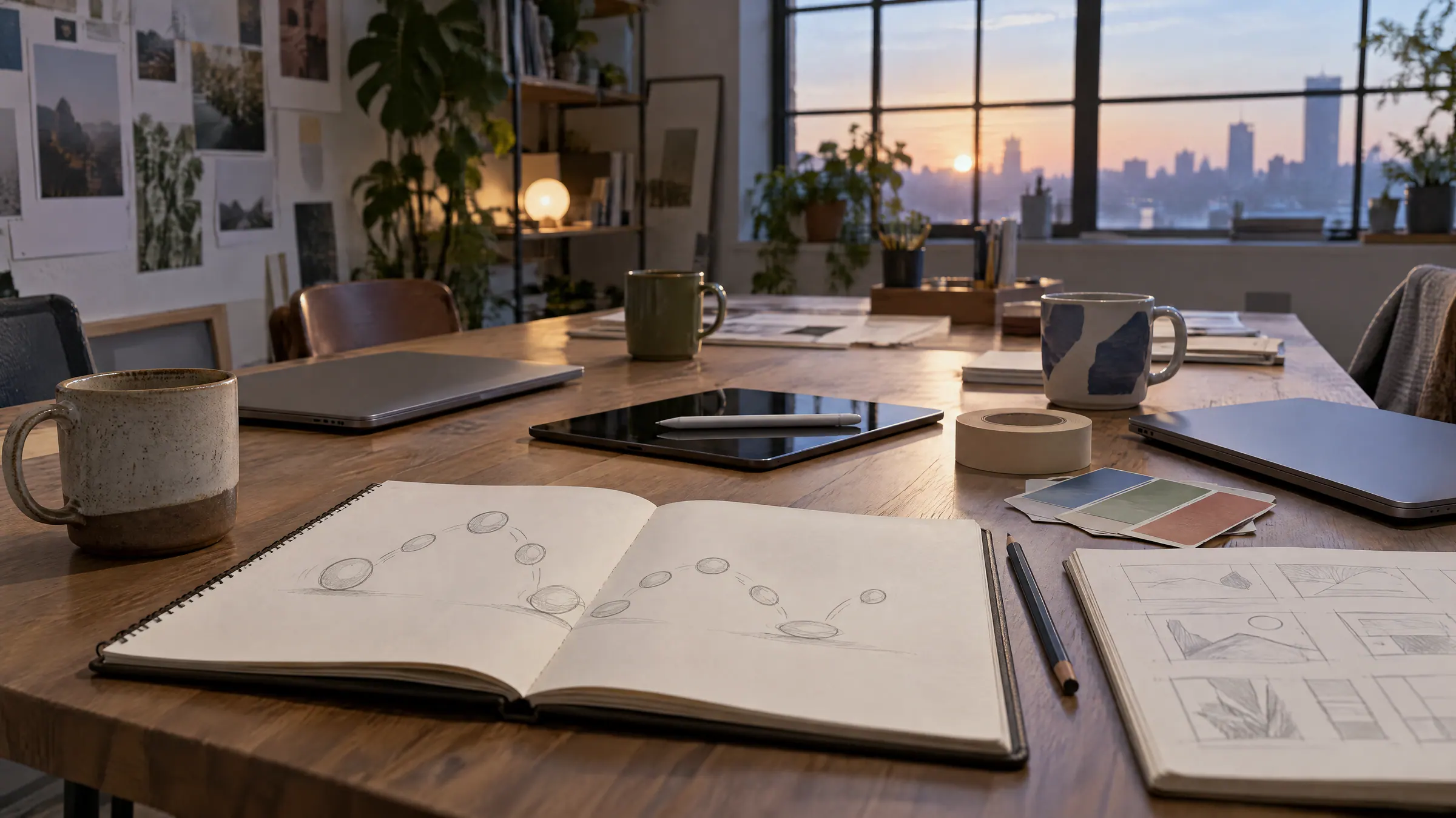 A shared worktable at dawn: several mugs, a sketchbook of bouncing-ball studies, a tablet and color swatches