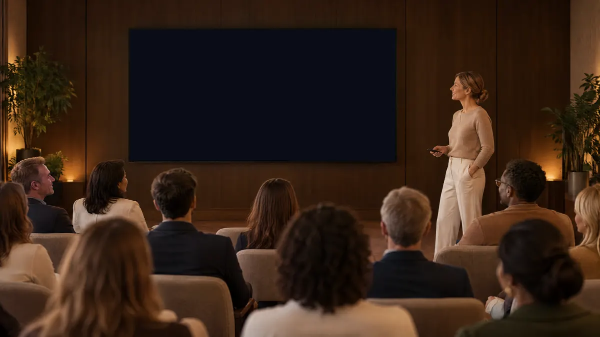 A small venue in the evening. The audience faces a large screen while the presenter stands to the right, phone in hand.