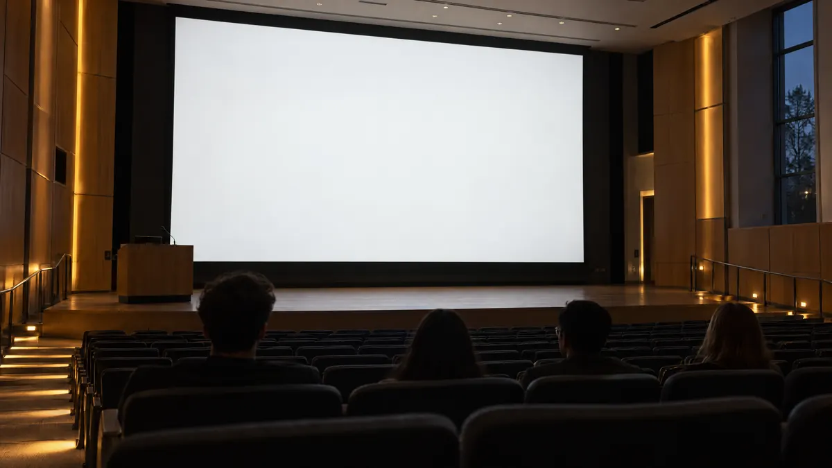 A large presentation screen seen from the back of a lecture hall at dusk, with audience members watching.