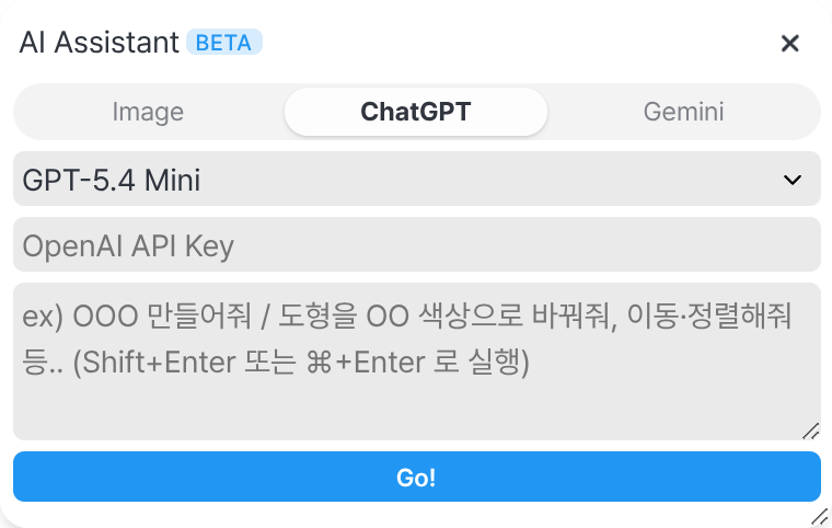 The AI Assistant panel (Beta): Image, ChatGPT, and Gemini tabs, a model dropdown, an API-key field, a prompt box, and a Go button.