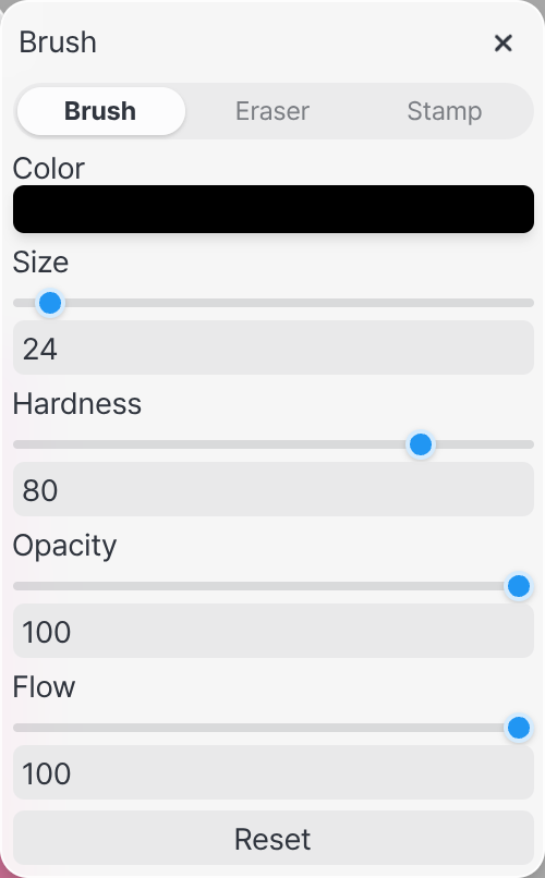 The Brush panel: Size, Hardness, Opacity, and Flow sliders with a color swatch.