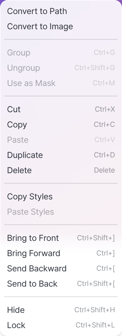 The right-click context menu showing Copy Styles and Paste Styles, alongside group, mask, arrange, and visibility actions with their shortcuts.