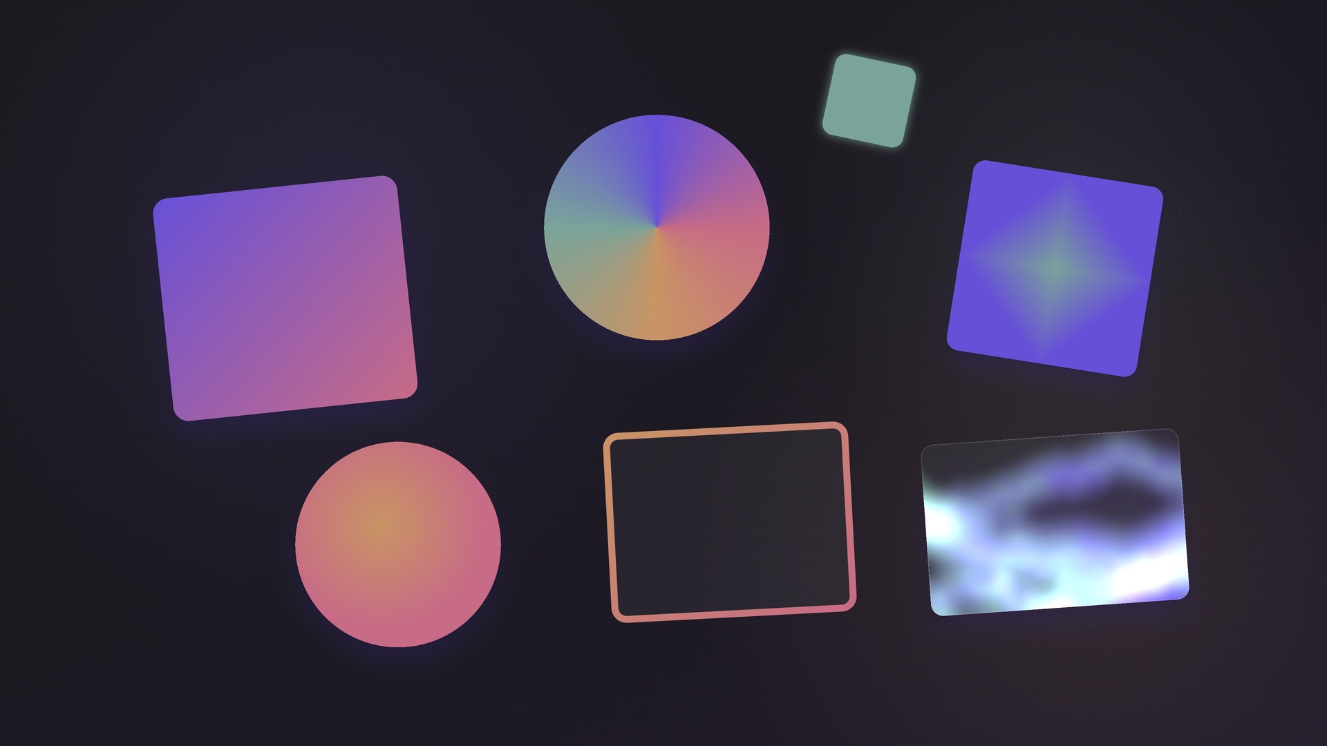 A dark stage scattered with rendered shapes: rounded cards and discs filled with linear, radial, angular, and diamond gradients, a glowing accent, an animated aurora panel, and a gradient-stroked outline.