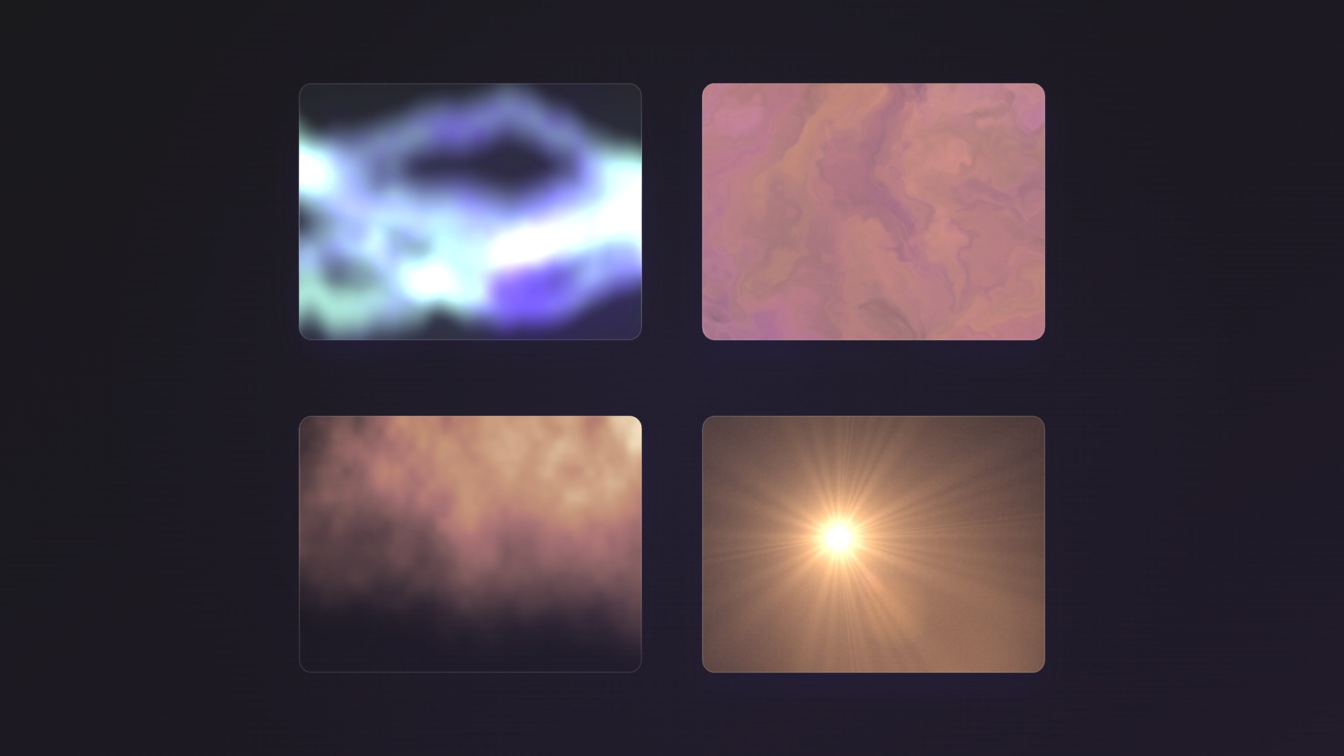Four rounded tiles, each filled by a live procedural shader — aurora ribbons, marbled ink, rising fire, and a lens flare.
