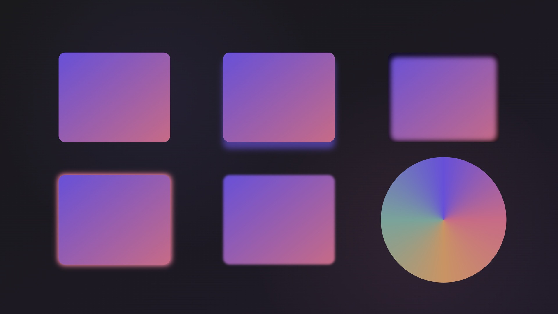 Six copies of the same gradient card, each with a different effect: plain, drop shadow, inner shadow, outer glow, gaussian blur, and a refractive glass panel over a conic colour wheel.