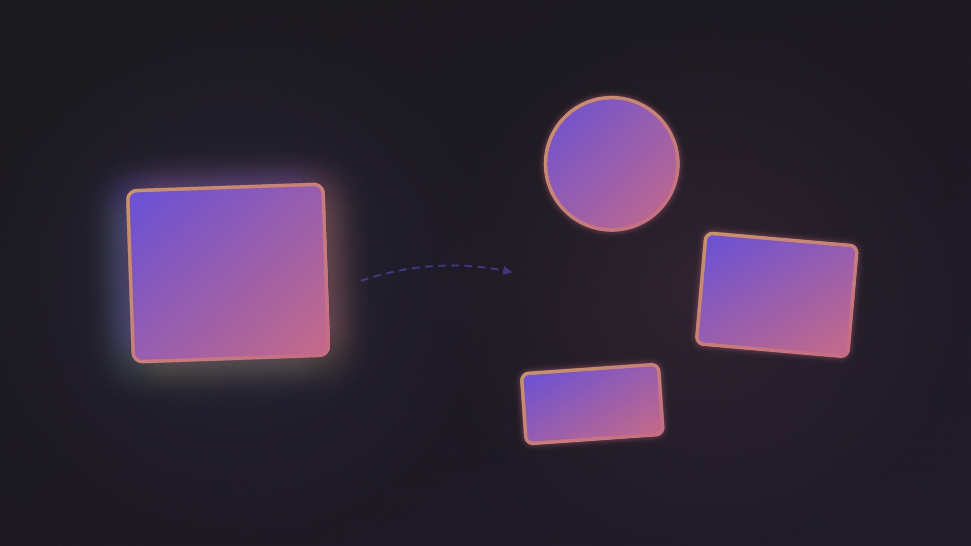 A fully-styled source card on the left — gradient fill, gradient outline, and glow — with a trail of dots leading to a circle, a square, and a small card on the right that all wear the exact same style.