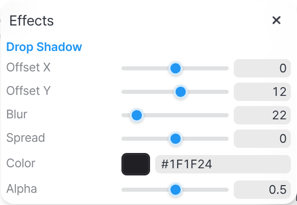 The Effects panel editing a drop shadow: Offset X and Y, Blur, Spread, Colour, and Alpha controls.