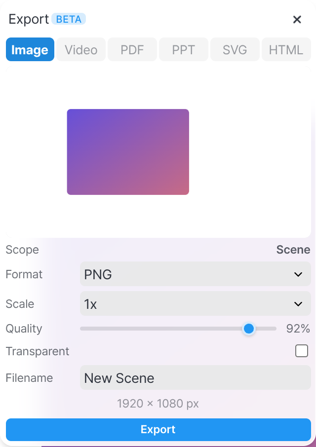 The Export panel with format tabs — Image, Video, PDF, PPT, SVG, HTML — a live preview, and scope, format, scale, quality, transparency, and filename controls.