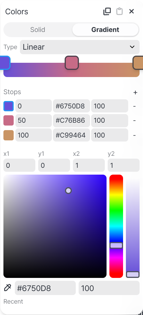 The colour editor open on a gradient fill: Solid and Gradient tabs, a Linear type, a gradient bar with three stops (#6750D8, #C76B86, #C99464), x1/y1/x2/y2 direction fields, and a colour picker.