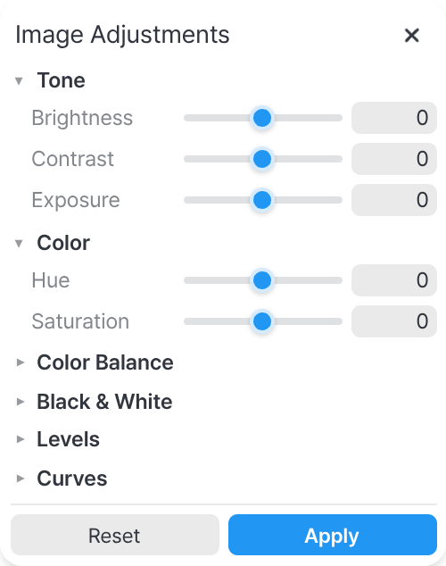 The SSHOW image-adjustment panel — brightness, contrast, exposure, hue, saturation, levels, and curves.