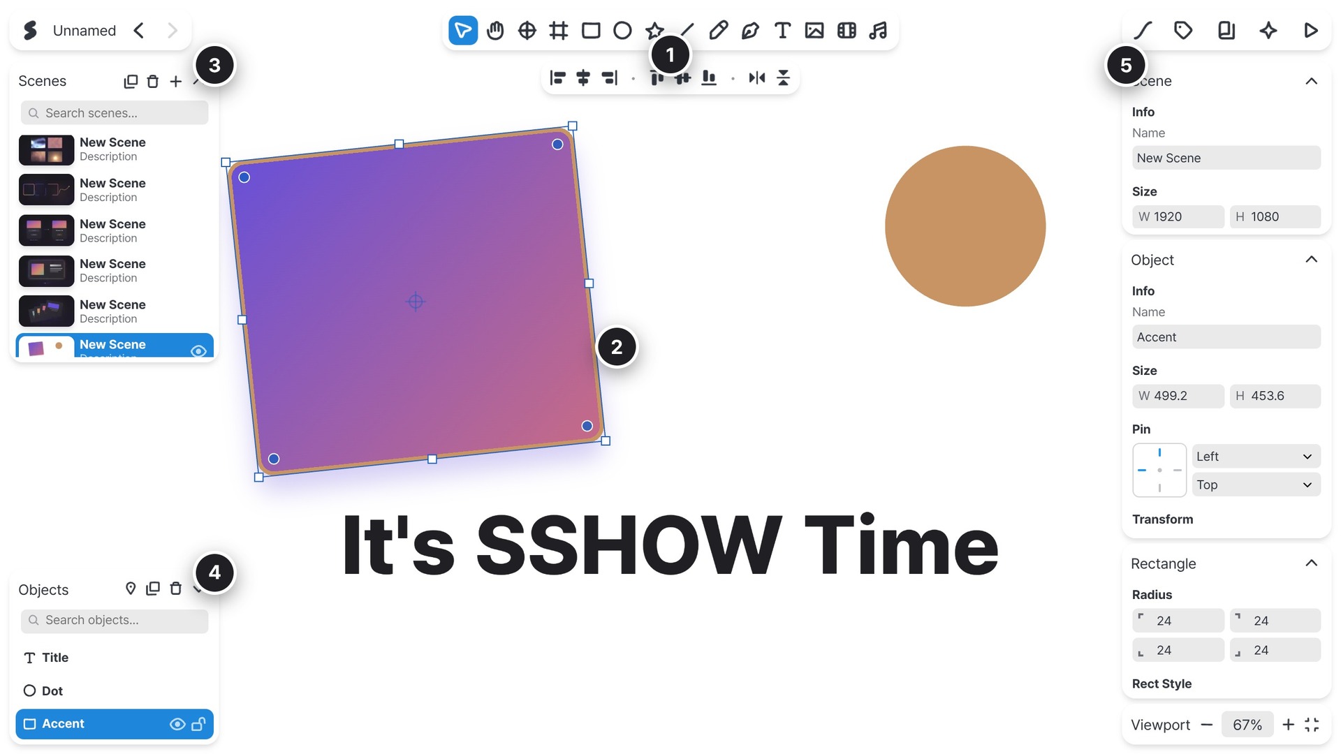 The SSHOW editor with five numbered callouts: 1 the toolbar on top, 2 the canvas in the centre, 3 the Scenes panel and 4 the Objects panel on the left, and 5 the inspector on the right.