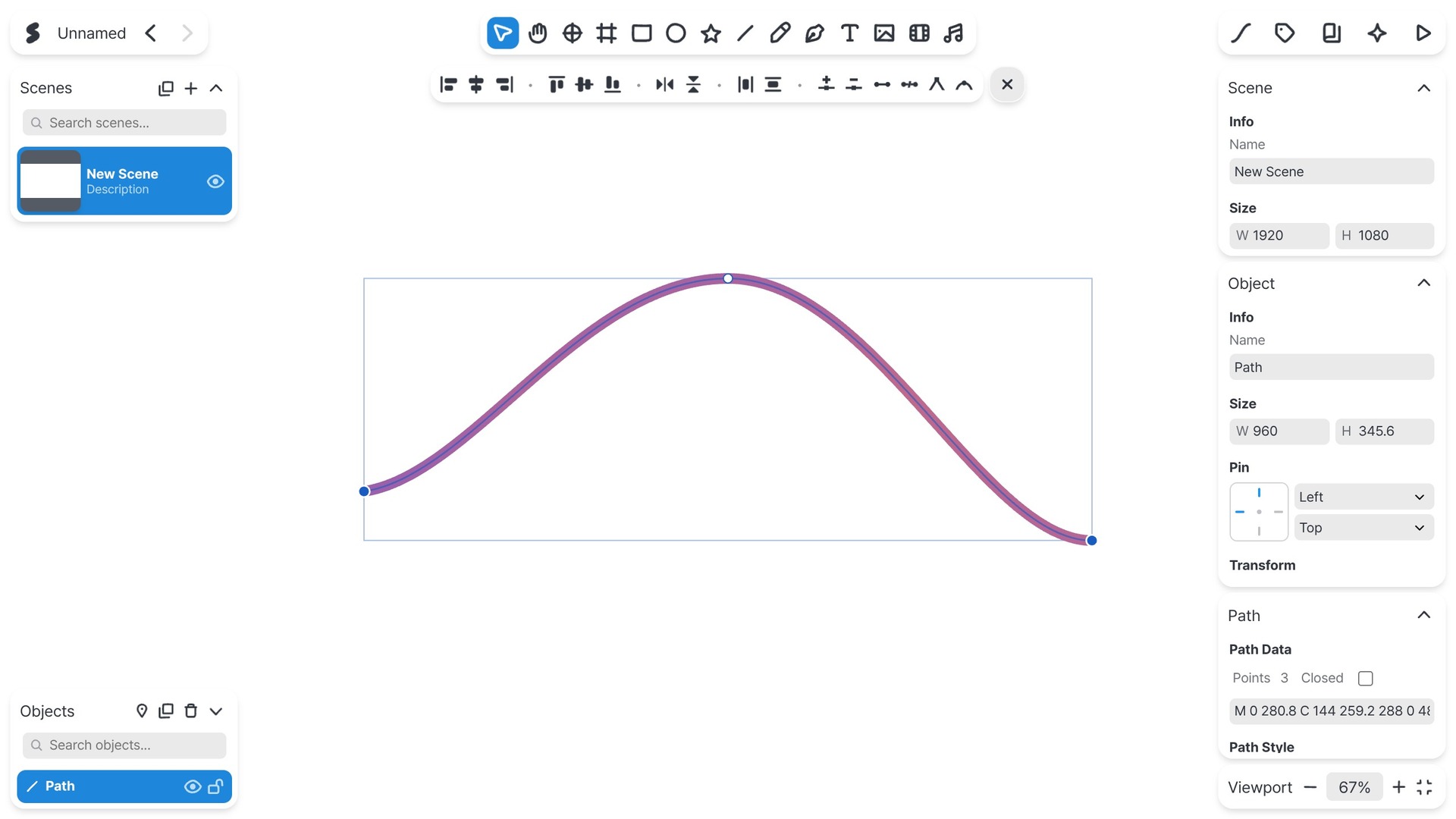 The SSHOW studio editing a vector path — a bézier curve with its anchor points, control handles, and the live path data.