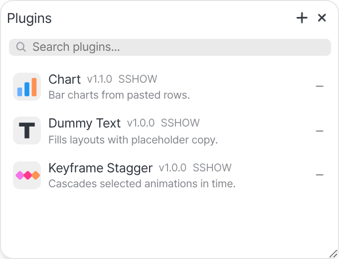 The Plugins panel listing plugins with icon, name, version and author