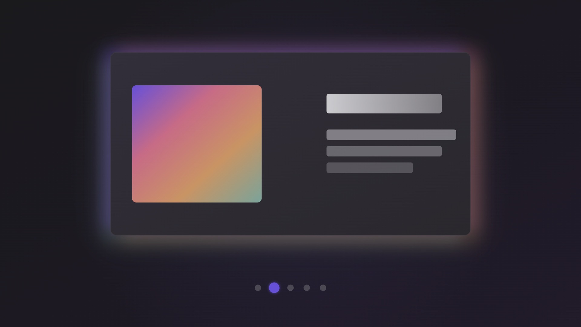 A single slide as shown in Play mode: a colourful media tile beside a title and body laid out as clean bars, with a row of page dots below and the current one lit.