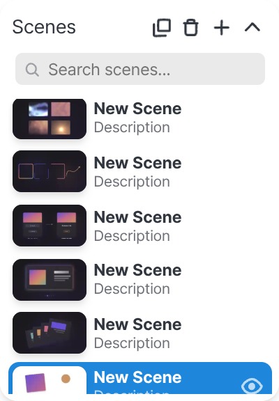 The Scenes panel in the editor: a search box above a scene card with a thumbnail of the current slide, selected.