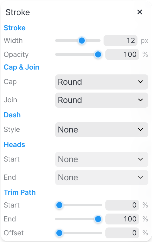 The Stroke panel: width and opacity, cap and join (both Round), dash style, start and end line heads, and trim-path start, end, and offset sliders.