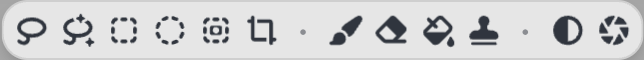 The sub-tool strip inside image editing: lasso, magic wand, rectangle and ellipse selection, invert selection, crop, brush, eraser, fill, stamp, invert colours, and adjustments.