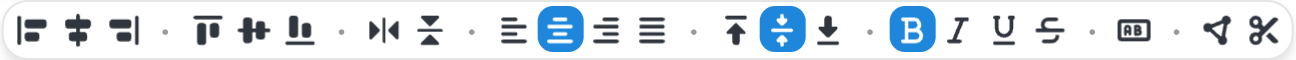 The sub-tool strip with a text object selected: align and flip, paragraph and vertical alignment, bold, italic, underline, strikethrough, auto-size, distort, and split text.