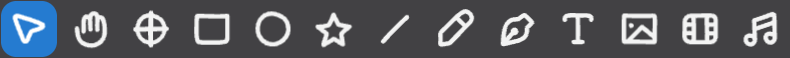 The SSHOW toolbar showing the select, hand, anchor, rectangle, ellipse, star, line, pen, path, text, image, video, and audio tools in order.