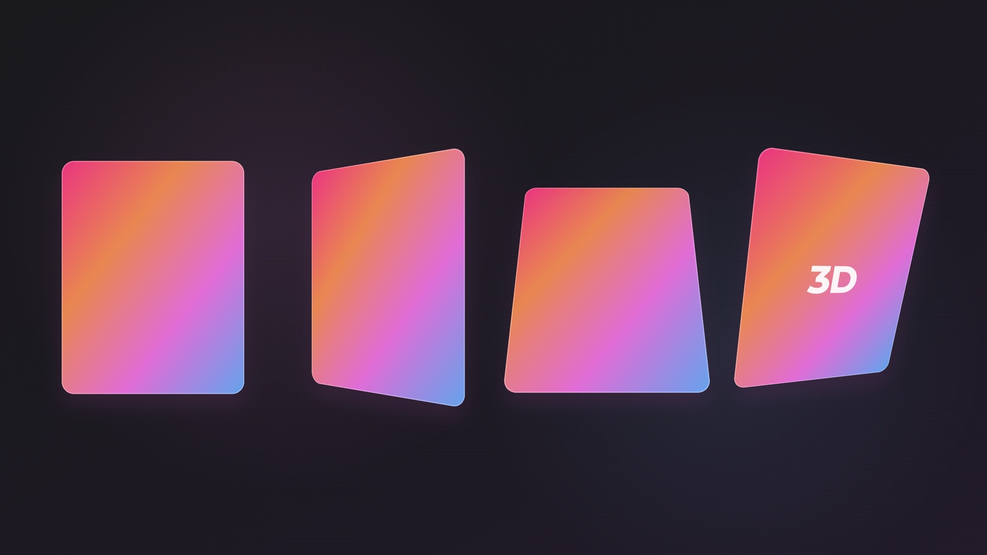The same card four times — flat, swung on Y, tipped on X, and tilted on both at once, with the word 3D riding the last card at the same angle.