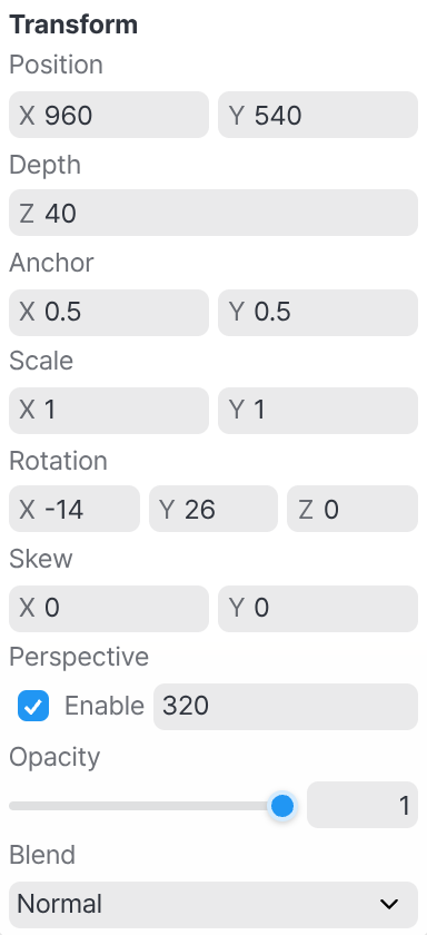 The Transform category of the object panel — Position, Depth Z 40, Anchor, Scale, Rotation X −14 · Y 26 · Z 0, Skew, and Perspective with Enable checked at 320.