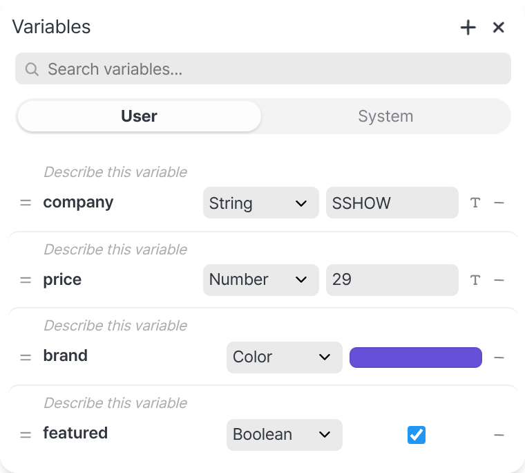 The Variables panel listing four variables — company (String), price (Number), brand (Color), and featured (Boolean) — each with a type dropdown and value, under User and System tabs.