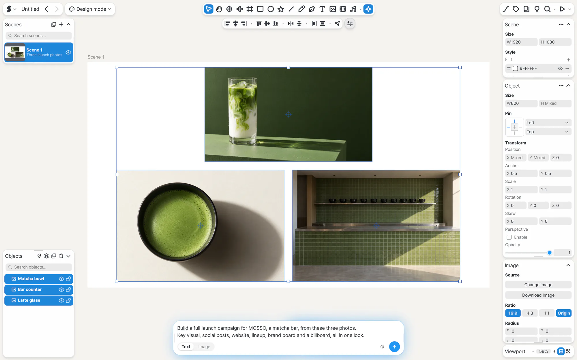 The AI panel in the SSHOW editor with three photos and a short request