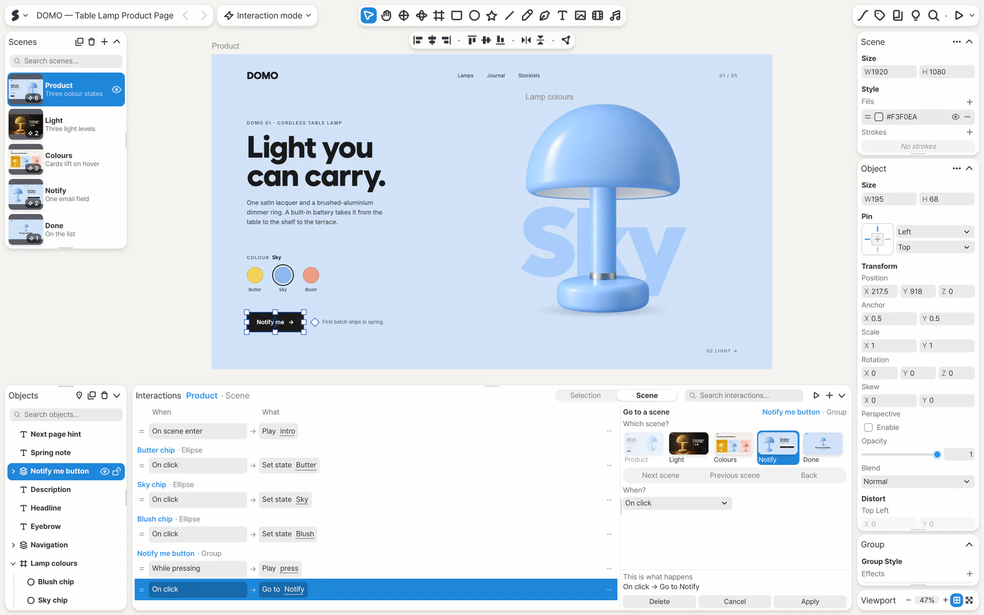 Interaction mode: choosing the rules that change the color of the DOMO lamp