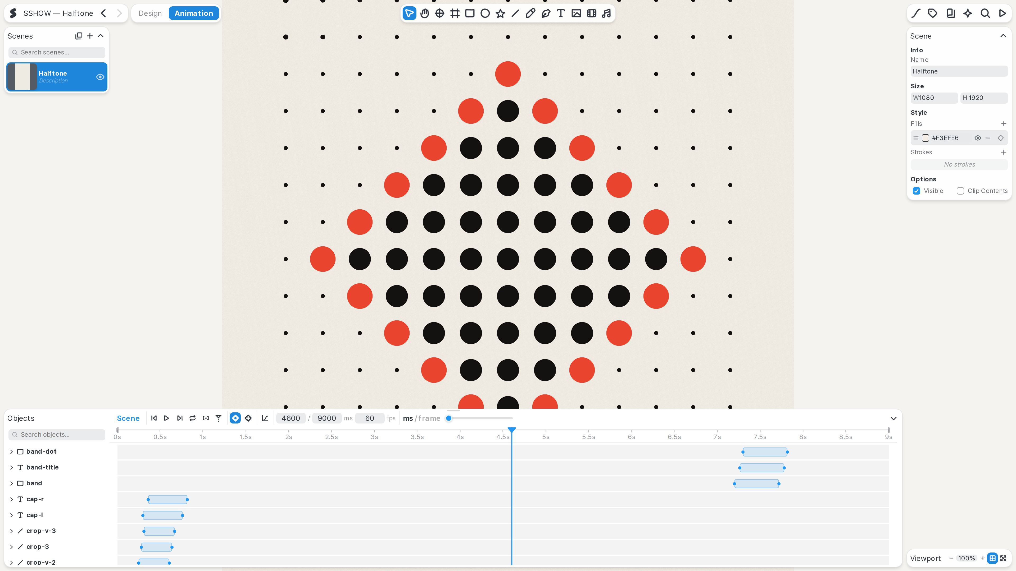SSHOW Animation mode — a poster scene with its timeline tracks