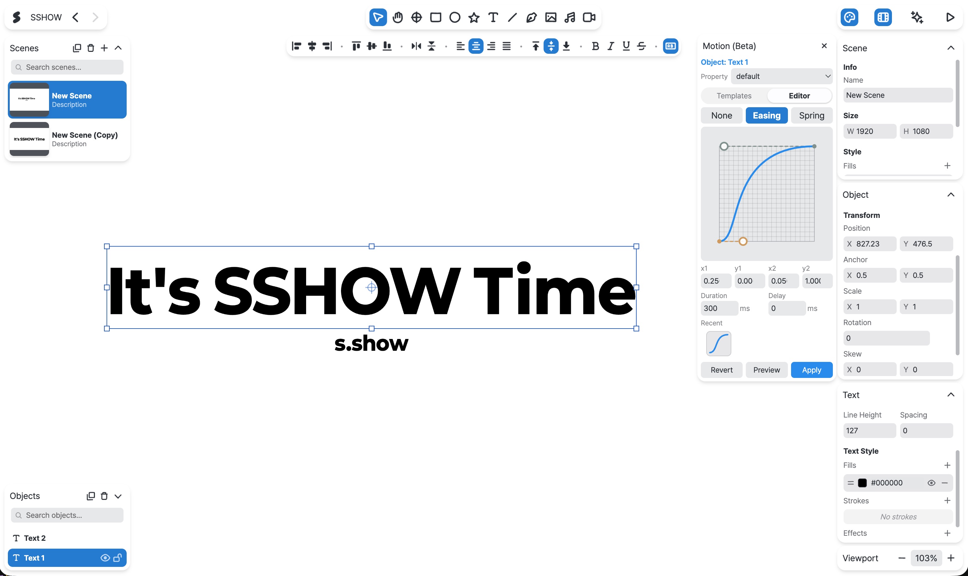 The SSHOW editor — scenes, objects, and motion on one canvas.